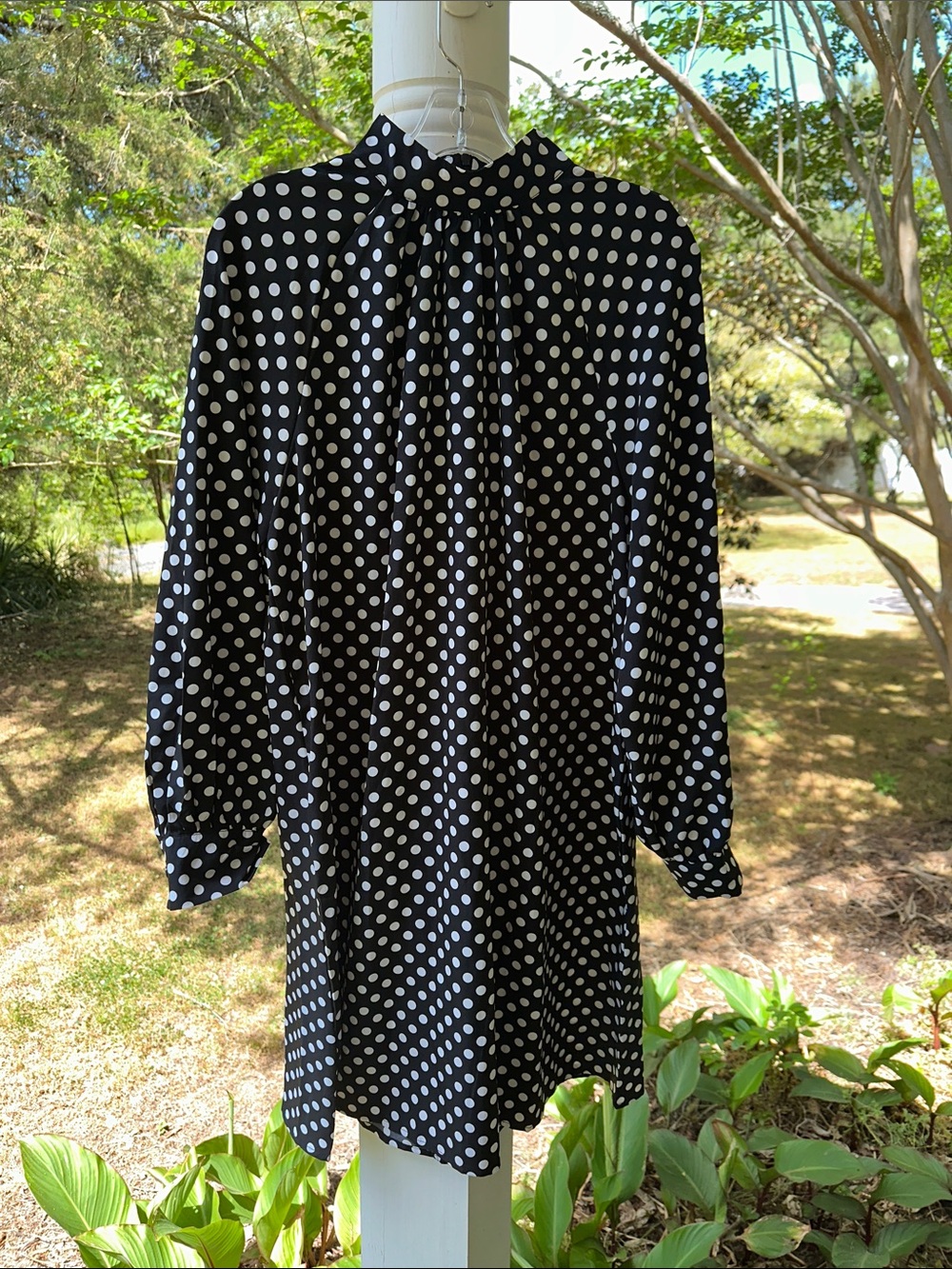 Black and White Polka Dot Long-Sleeve High-Neck Dress